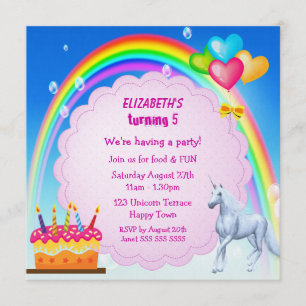 Unicorn, Rainbow & Cake Niedliche Geburtstag Party Einladung