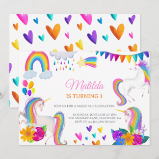 Unicorn Rainbow Colorful Birthday Invitation Einladung