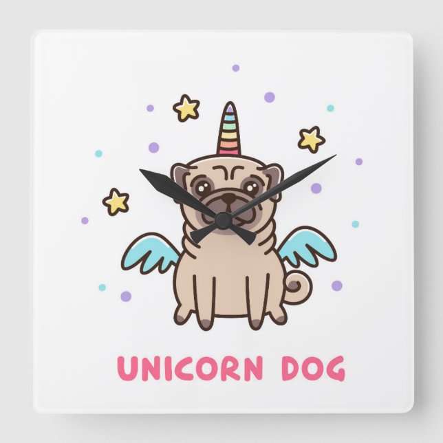 Unicorn Rainbow Dog Quadratische Wanduhr (Vorderseite)