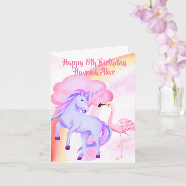 Unicorn Rainbow Flamingo Girls 8. Geburtstag Karte (Orchidee)