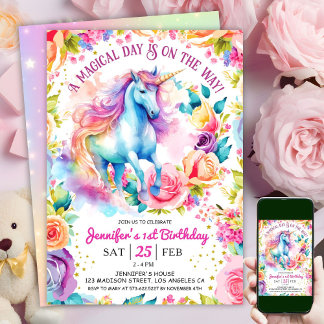 Unicorn Rainbow Floral Bloom | 1. Geburtstag Einladung