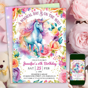 Unicorn Rainbow Floral Bloom   4. Geburtstag Einladung