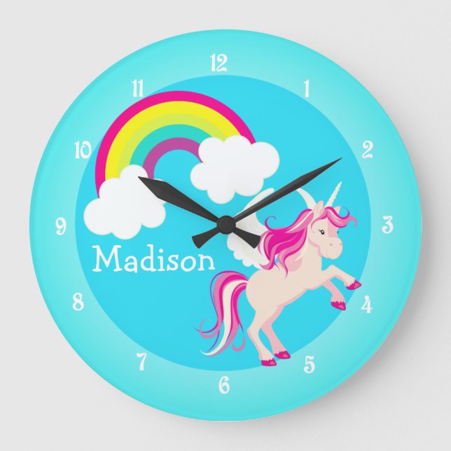 Unicorn Rainbow Girl Niedliche Mädels Große Wanduhr (Vorderseite)