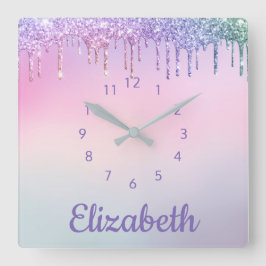Unicorn Rainbow Glitzer Personalisiert Quadratische Wanduhr