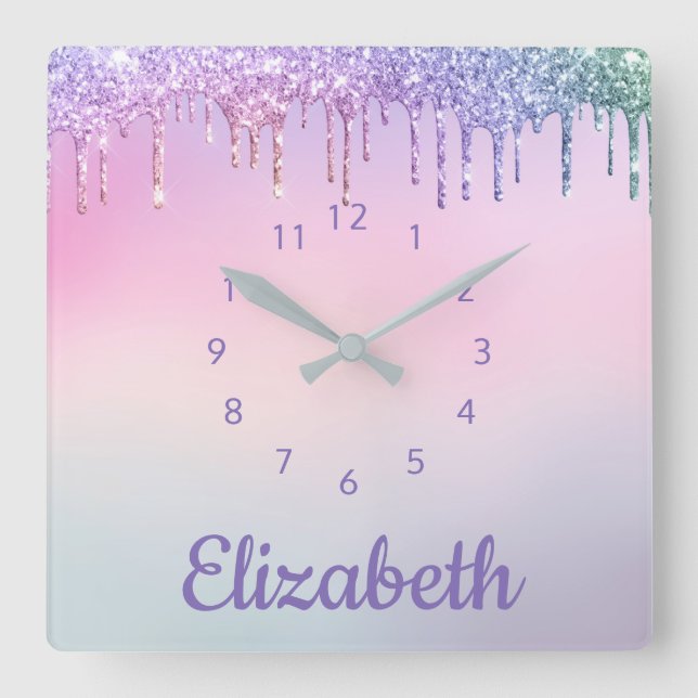 Unicorn Rainbow Glitzer Personalisiert Quadratische Wanduhr (Vorderseite)