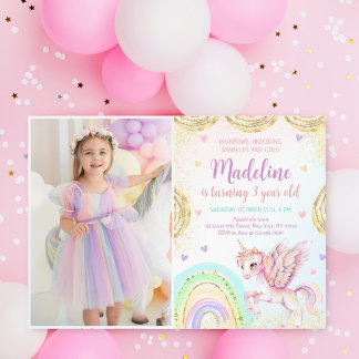 Unicorn Rainbow Glitzern Gold Birthday Foto Einladung