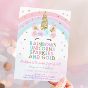 Unicorn Rainbow Glitzern Gold Geburtstag Einladung