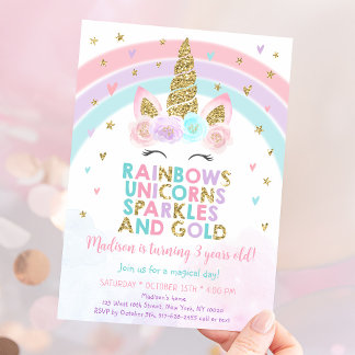 Unicorn Rainbow Glitzern Gold Geburtstag Einladung