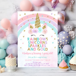 Unicorn Rainbow Glitzern Gold Geburtstag Einladung