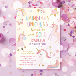 Unicorn Rainbow Glitzern Gold Geburtstag Einladung