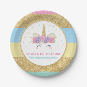 Unicorn Rainbow Gold Glitzer Birthday Party Paper  Pappteller
