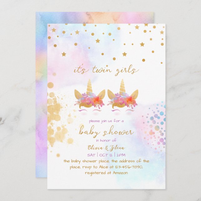 Unicorn Rainbow Gold Glitzer Twin Girl Baby Shower Einladung (Vorne/Hinten)