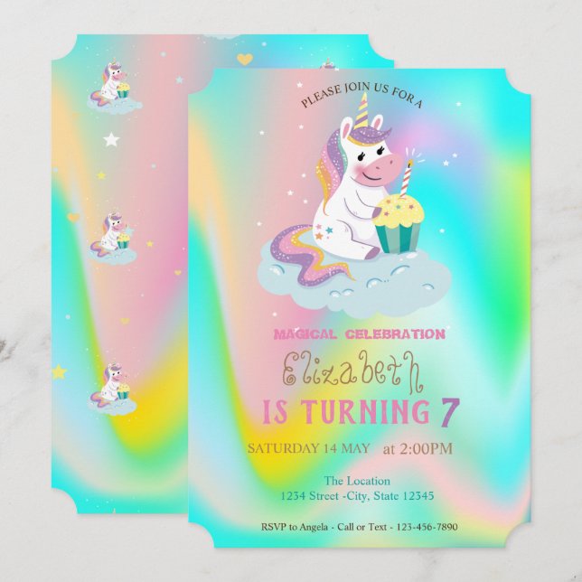 Unicorn Rainbow Holographic Magical Birthday Einladung (Vorne/Hinten)