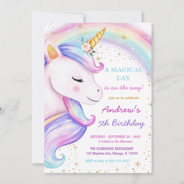 Unicorn Rainbow Magical Birthday Party Girl Einladung (Vorderseite)