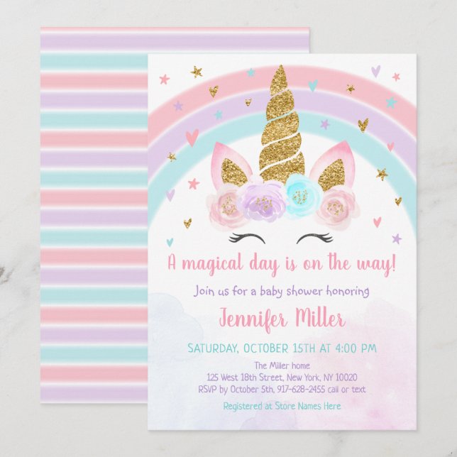 Unicorn Rainbow Pastel Baby Shower Einladung (Vorne/Hinten)