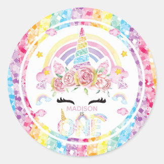 Unicorn Rainbow Personalisiert Erster Geburtstag Runder Aufkleber