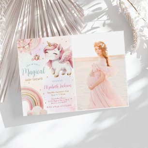 Unicorn Rainbow Pink Gold Baby Dusche Foto Einladung
