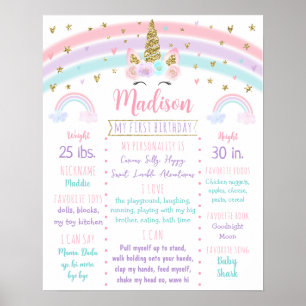 Unicorn Rainbow Pink Gold Erster Geburtstag Meilen Poster
