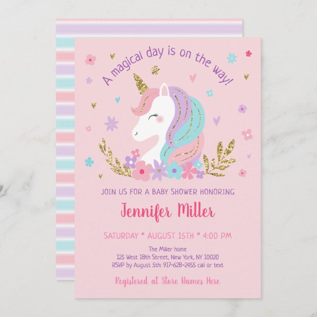 Unicorn Rainbow Pink Gold Floral Baby Dusche Einladung (Vorne/Hinten)