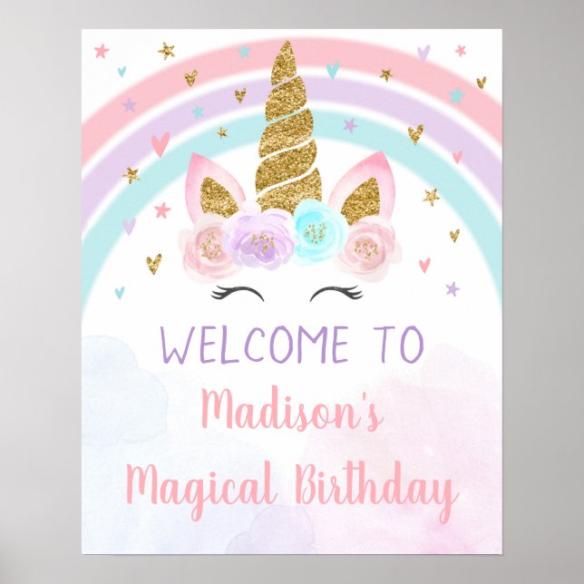 Unicorn Rainbow Pink Gold Geburtstag Poster (Vorne)
