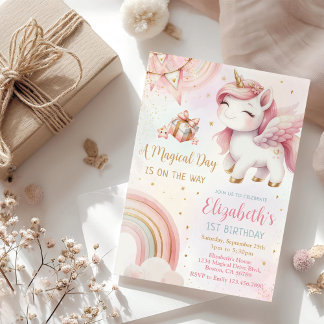 Unicorn Rainbow Pink Gold Pastel Geburtstag Einladung