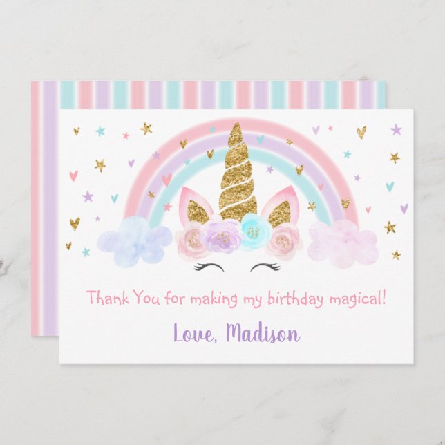 Unicorn Rainbow Pink Gold Vielen Dank Dankeskarte (Vorne/Hinten)