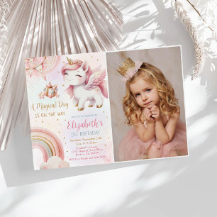 Unicorn Rainbow Pink Goldpastel Geburtstags-Foto Einladung