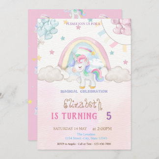 Unicorn Rainbow Stars Hearts Balloons Geburtstag Einladung