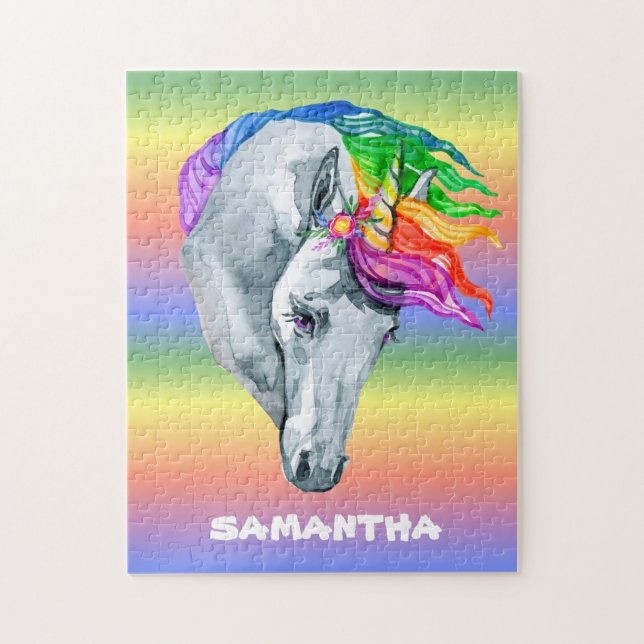 Unicorn Rainbow Watercolor Monogram Name Puzzle (Vertikal)