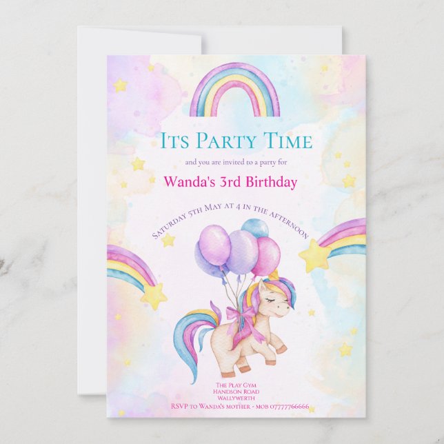 Unicorn & Rainbows Kids-Party Einladung (Vorderseite)