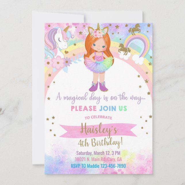 Unicorn red hair girl magical birthday invitation. einladung (Vorderseite)