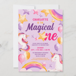 Unicorn Regenbogen Lila Magie 1. Geburtstag Einladung