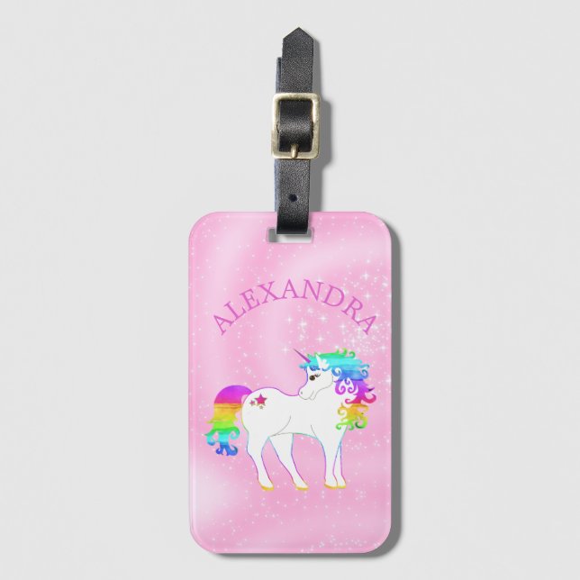 Unicorn Regenbogen Magische Rosa Niedliche Schule Gepäckanhänger (Vorderseite Vertikal)