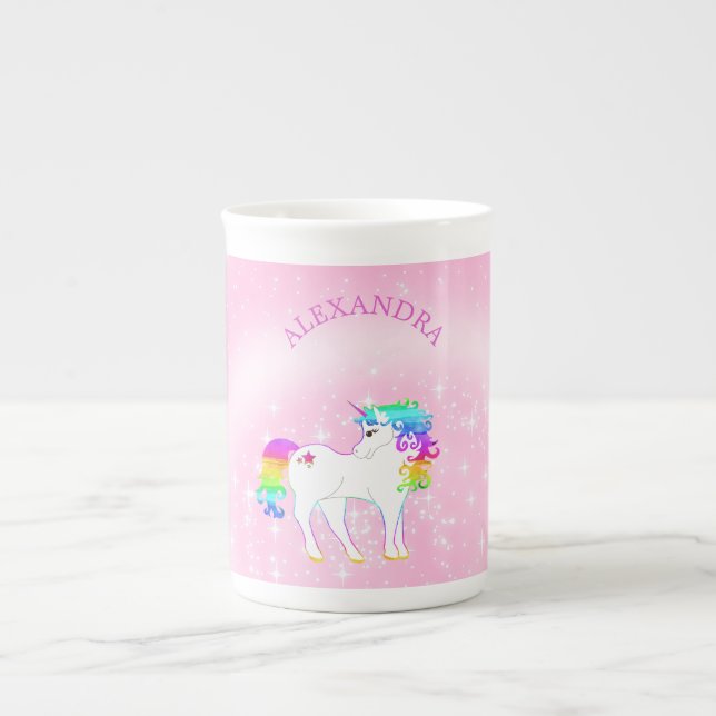 Unicorn Regenbogen Pink Niedlich Whimsical Hot Cho Prozellantasse (Vorderseite)