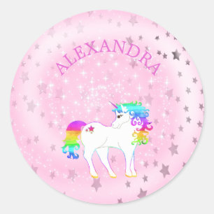Unicorn Regenbogen Rosa Silberstars Niedliche Girl Runder Aufkleber