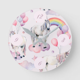 Unicorn Regenbogen Wolken Pink FairyTale Ballon Gi Runde Wanduhr