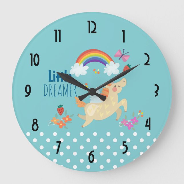 Unicorn-Regenbogen-Wolken und Blumen-kleiner Große Wanduhr (Vorderseite)