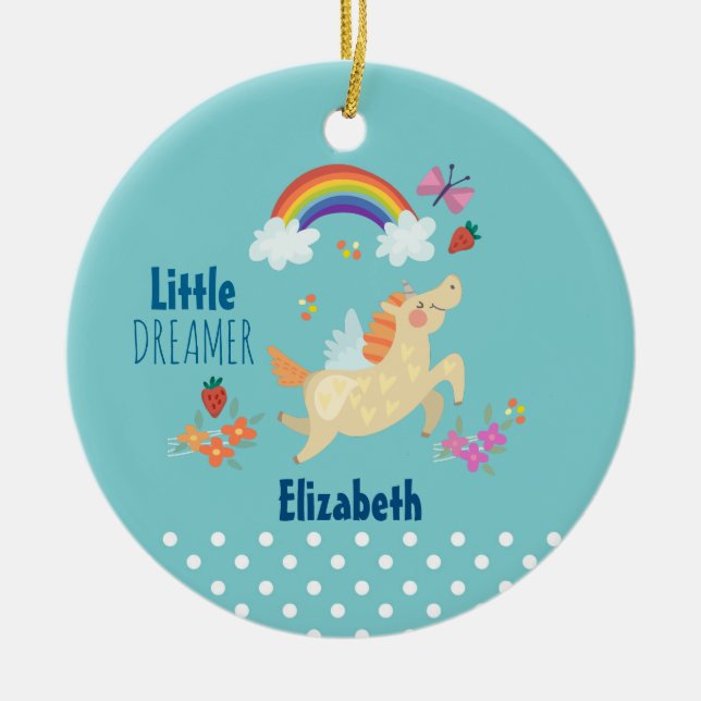Unicorn Regenbogenwolken und Blume Little Dreamer Keramikornament (Vorne)