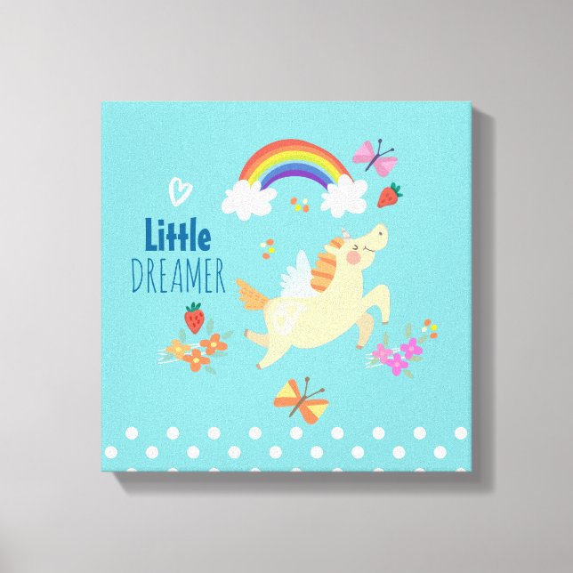 Unicorn Regenbogenwolken und Blume Little Dreamer Leinwanddruck (Vorderseite)