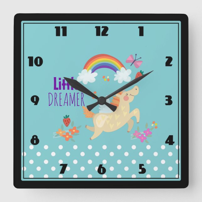 Unicorn Regenbogenwolken und Blume Little Dreamer Quadratische Wanduhr (Vorderseite)