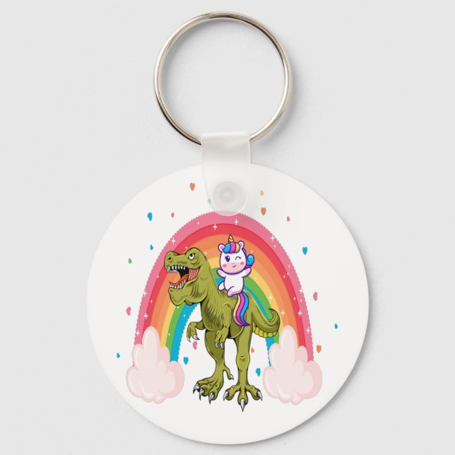 Unicorn Riding Dinosaur Basic Button Schlüsselanhänger (Vorderseite)