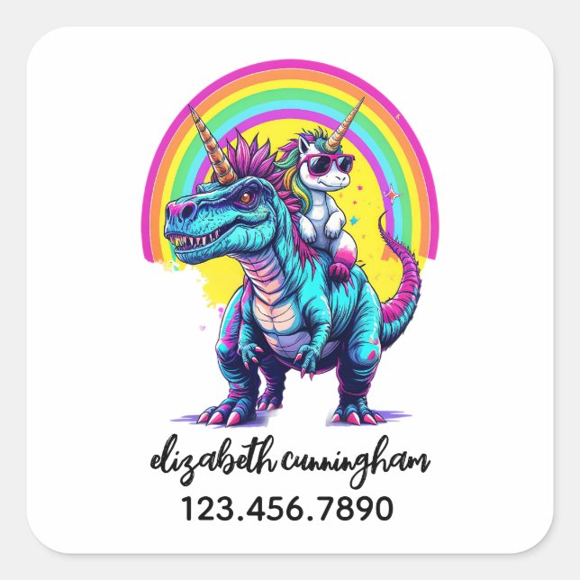 Unicorn Riding Dinosaur Rainbow Name school Quadratischer Aufkleber (Vorderseite)