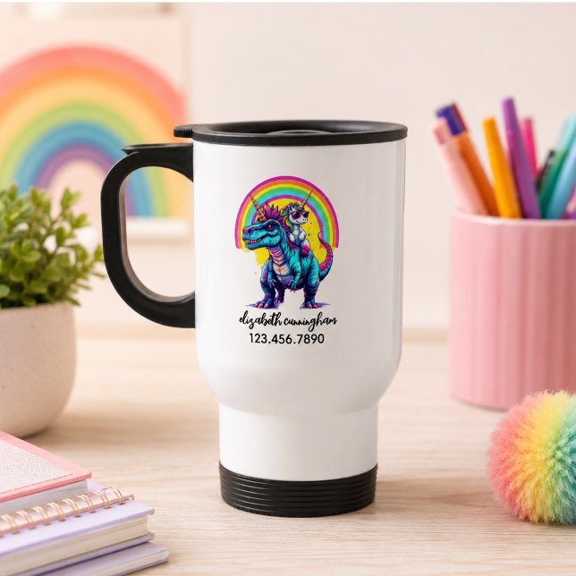 Unicorn Riding Dinosaur Rainbow Name school Reisebecher (Unicorn Riding Dinosaur Rainbow Name school Travel Mug)