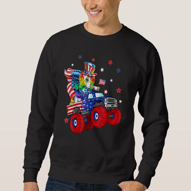 Unicorn Riding Monster Truck 4. Juli Jungen Kinder Sweatshirt (Vorderseite)