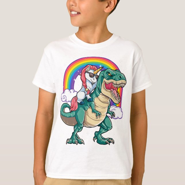 Unicorn Riding T rex Dinosaur Boys Girls Men Women T-Shirt (Vorderseite)