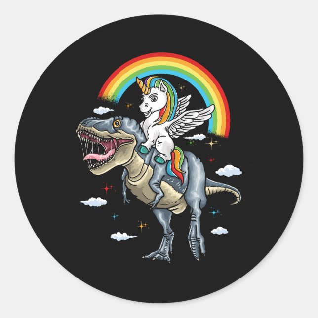 Unicorn Riding Trex Dinosaur Momicorn Regenbogen f Runder Aufkleber (Vorderseite)