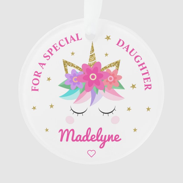 Unicorn Rosa Blume Stars Daughter Ornament (Vorderseite)