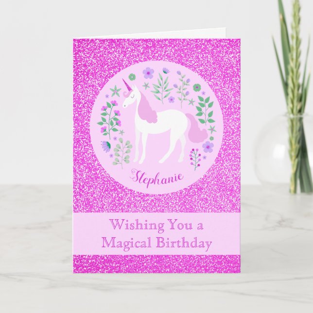 Unicorn Rosa Glitzer Personalisiert Happy Birthday Karte (Vorderseite)