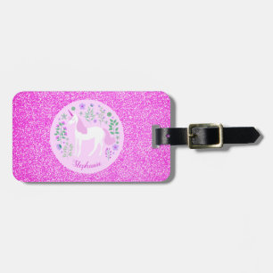Unicorn Rosa Glitzer Personalisierter Name Gepäckanhänger