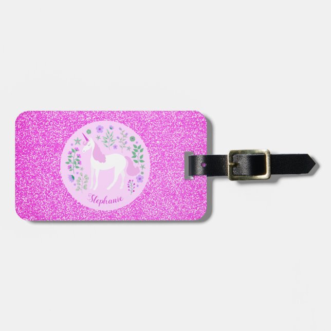 Unicorn Rosa Glitzer Personalisierter Name Gepäckanhänger (Vorderseite horizontal)